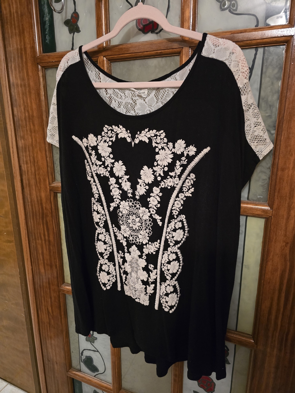 Carol Rose Black Top with White Floral Lace Accents